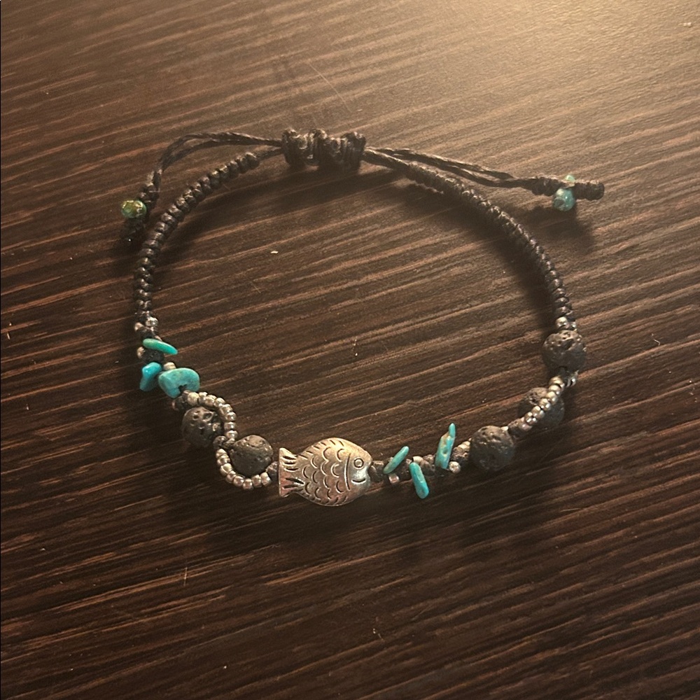 Silver Fish Charm Bracelet with Black and Blue Beads